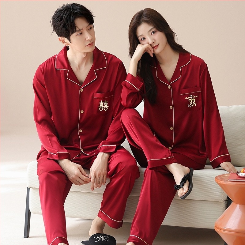 Set de pijama pentru cupluri din Ice Silk, stil chinezesc tradițional, decolteu în V, mâneci lungi, pantaloni lungi