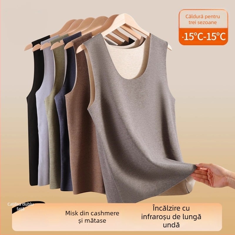 Vesta termică pentru bărbați, amestec cașmir-poliester, țesătură groasă 251–300 g/m², guler rotund, potrivit pentru iarnă, primăvară, toamnă