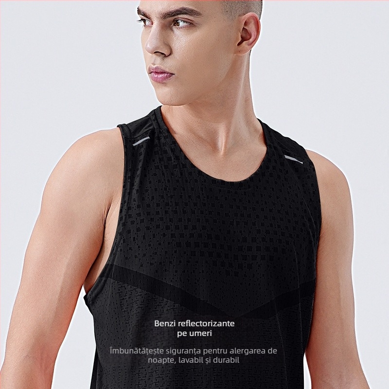 Vesta masculină cu uscare rapidă, fără mâneci, pentru alergare — model în carouri, 100% poliester, Ice Silk, absorbție a transpirației, vară