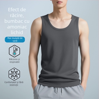 Maieu masculin fără mâneci, guler rotund, amestec bumbac-poliester, subțire și ușor, croială mulată, tiv drept, 61% bumbac, 39% poliester