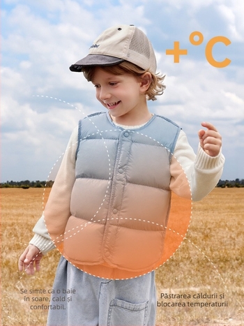 Vestă pentru copii din puf pentru iarnă, fără mâneci; umplutură: 90% puf de rață alb; material exterior și căptușeală din nylon; lungime medie, croială lejeră; pentru copii între 1 și 3 ani.