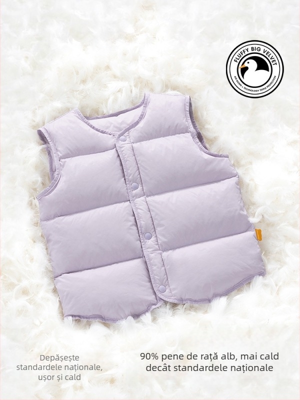 Vestă pentru copii din puf pentru iarnă, fără mâneci; umplutură: 90% puf de rață alb; material exterior și căptușeală din nylon; lungime medie, croială lejeră; pentru copii între 1 și 3 ani.