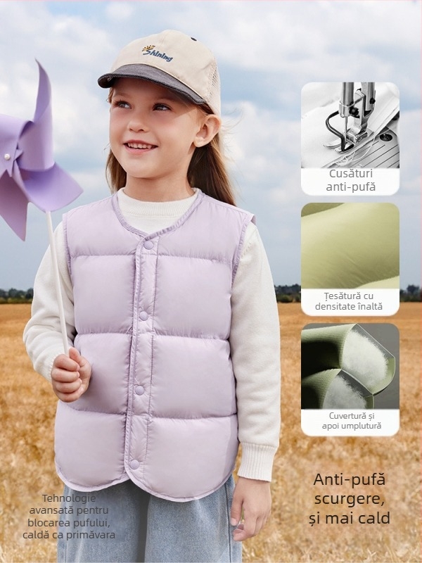 Vestă pentru copii din puf pentru iarnă, fără mâneci; umplutură: 90% puf de rață alb; material exterior și căptușeală din nylon; lungime medie, croială lejeră; pentru copii între 1 și 3 ani.