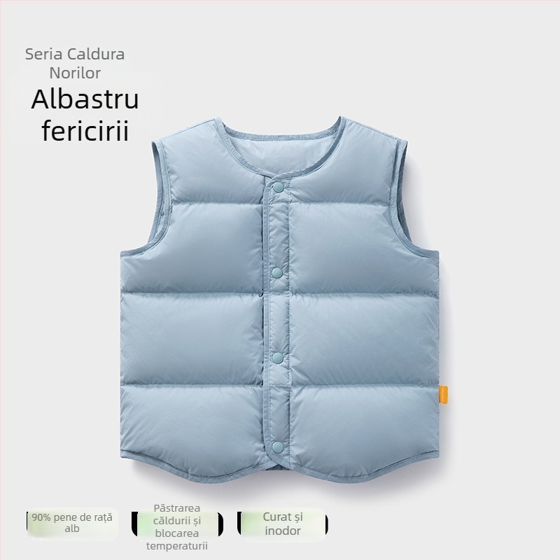 Vestă pentru copii din puf pentru iarnă, fără mâneci; umplutură: 90% puf de rață alb; material exterior și căptușeală din nylon; lungime medie, croială lejeră; pentru copii între 1 și 3 ani.