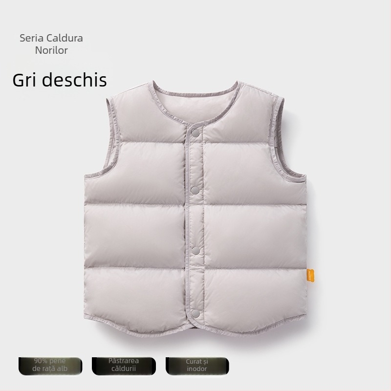 Vestă pentru copii din puf pentru iarnă, fără mâneci; umplutură: 90% puf de rață alb; material exterior și căptușeală din nylon; lungime medie, croială lejeră; pentru copii între 1 și 3 ani.