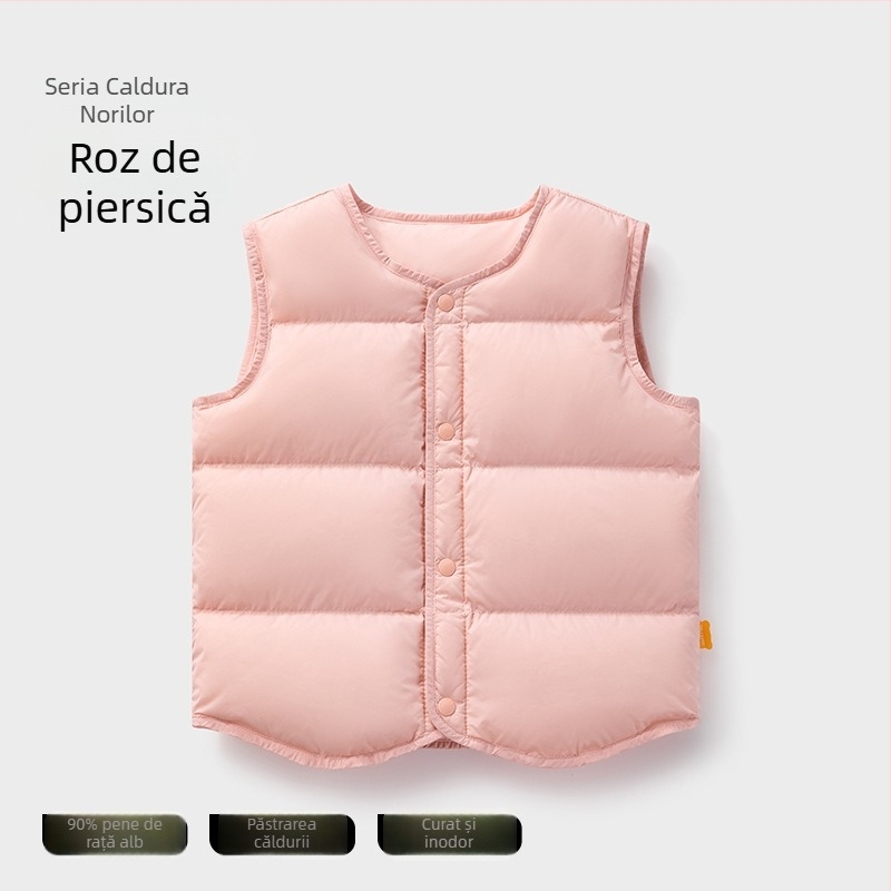 Vestă pentru copii din puf pentru iarnă, fără mâneci; umplutură: 90% puf de rață alb; material exterior și căptușeală din nylon; lungime medie, croială lejeră; pentru copii între 1 și 3 ani.