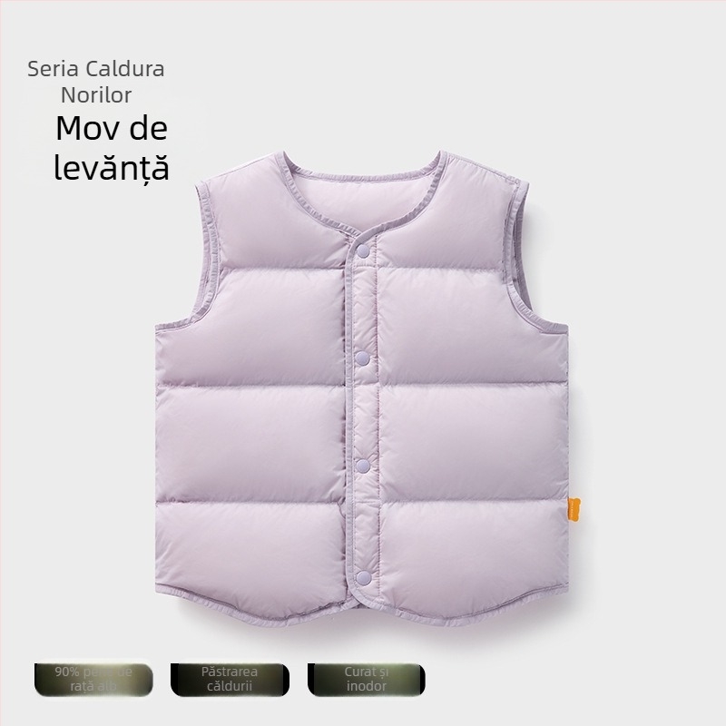 Vestă pentru copii din puf pentru iarnă, fără mâneci; umplutură: 90% puf de rață alb; material exterior și căptușeală din nylon; lungime medie, croială lejeră; pentru copii între 1 și 3 ani.