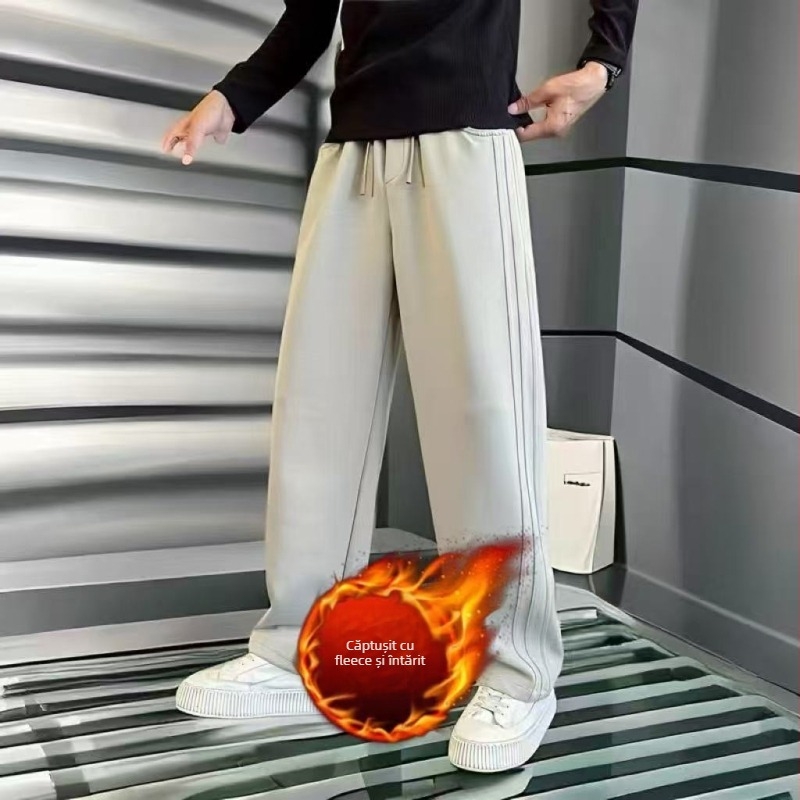 Pantaloni bărbați cu croială dreaptă, largi, casual, din fibre de poliester, ușor elastici, talie medie, lungi