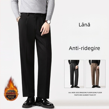 Pantaloni sport pentru bărbați, croială dreaptă, lejeri, material din amestec poliester cu căptușeală de polar, talie medie cu șnur