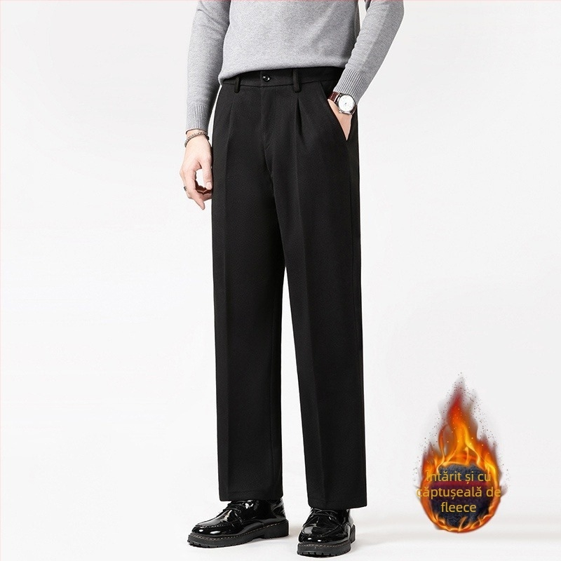 Pantaloni sport pentru bărbați, croială dreaptă, lejeri, material din amestec poliester cu căptușeală de polar, talie medie cu șnur