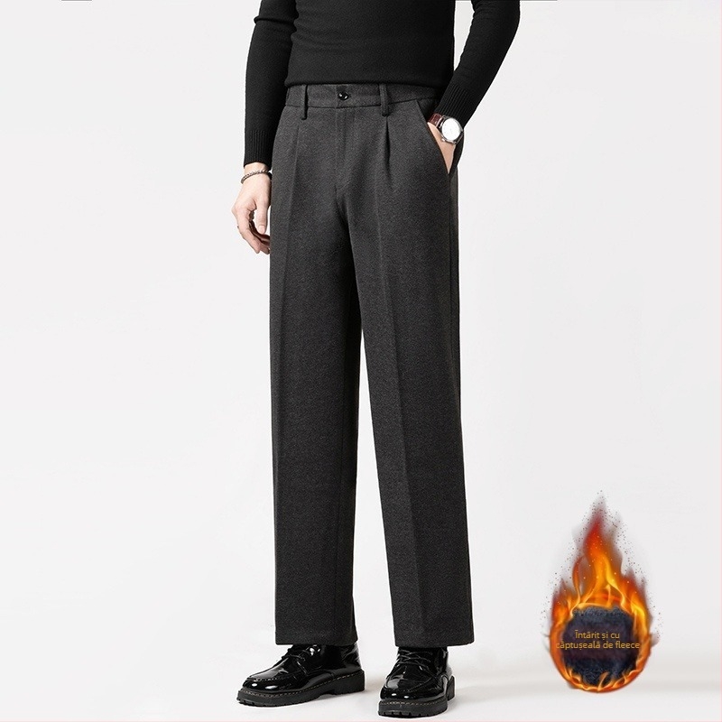 Pantaloni sport pentru bărbați, croială dreaptă, lejeri, material din amestec poliester cu căptușeală de polar, talie medie cu șnur