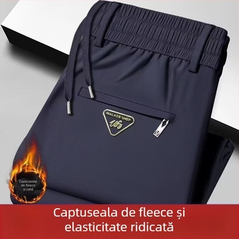 Pantaloni termici fleece, groși pentru iarnă, croială dreaptă, talie elastică cu șnur, 100% poliester