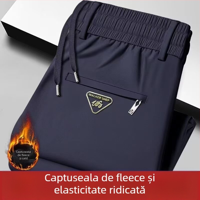 Pantaloni termici fleece, groși pentru iarnă, croială dreaptă, talie elastică cu șnur, 100% poliester