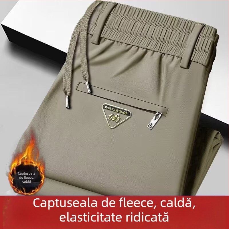Pantaloni termici fleece, groși pentru iarnă, croială dreaptă, talie elastică cu șnur, 100% poliester