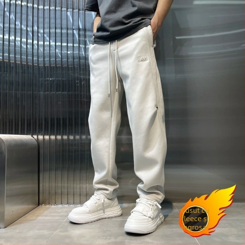 Pantaloni casual bărbați cu fleece, croială dreaptă, talie joasă, curea și fermoar, mai multe buzunare, pentru iarnă