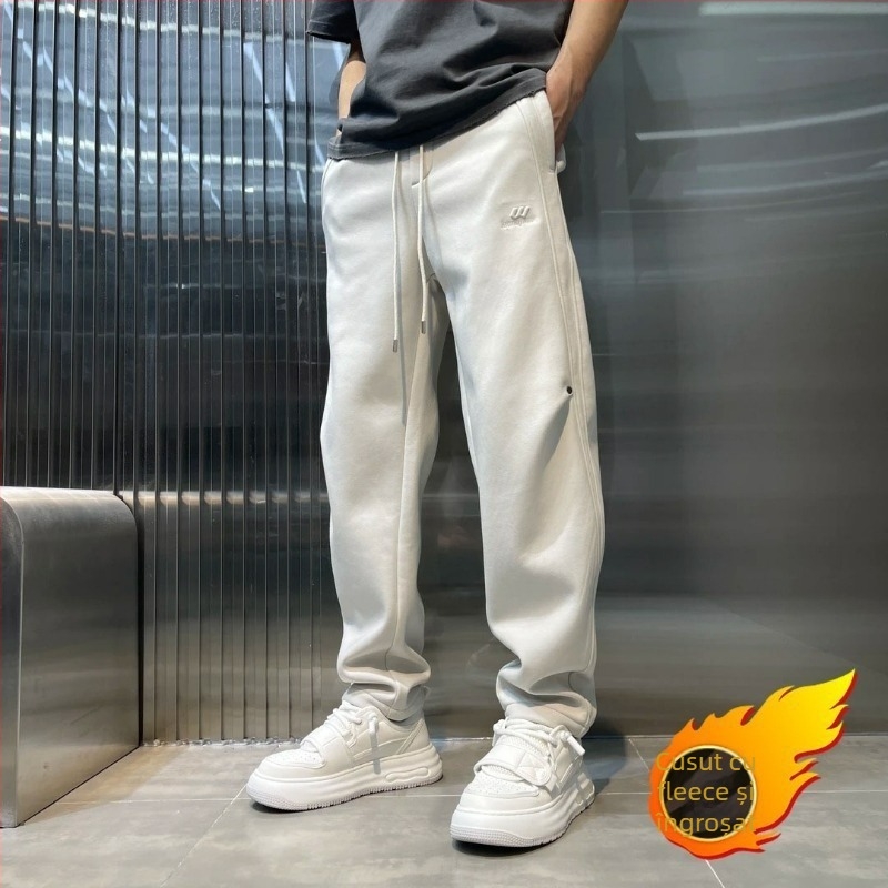 Pantaloni casual bărbați cu fleece, croială dreaptă, talie joasă, curea și fermoar, mai multe buzunare, pentru iarnă