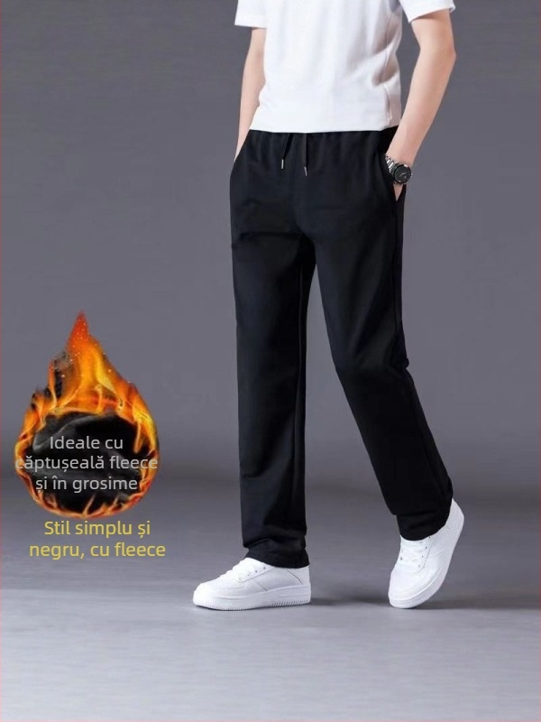 Pantaloni casual pentru bărbați, croială dreaptă, talie medie, închidere cu șnur, 100% poliester, uni