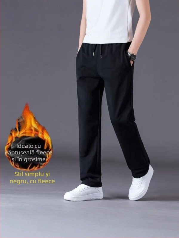 Pantaloni casual pentru bărbați, croială dreaptă, talie medie, închidere cu șnur, 100% poliester, uni