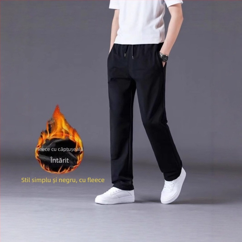 Pantaloni casual pentru bărbați, croială dreaptă, talie medie, închidere cu șnur, 100% poliester, uni