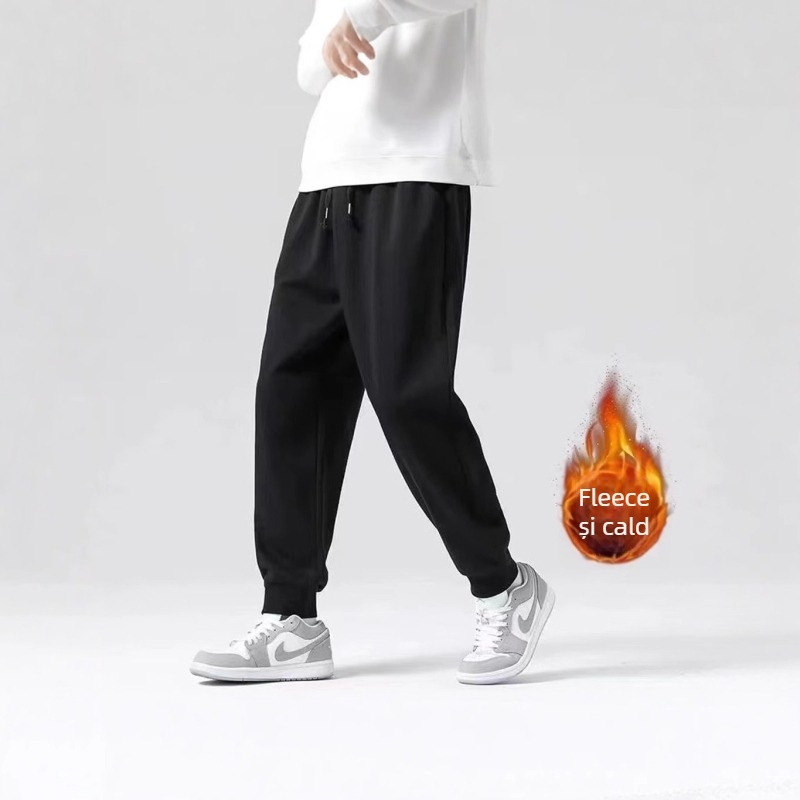 Pantaloni casual pentru bărbați, croială dreaptă, talie medie, închidere cu șnur, 100% poliester, uni