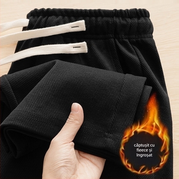 Pantaloni sport casual pentru bărbați din poliester, căptuți cu fleece, croială lejeră, drept, talie cu șnur