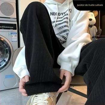 Pantaloni corduroi pentru bărbați – croială dreaptă, siluetă largă de tip wide-leg, talie medie-coborâtă, țesătură poliester