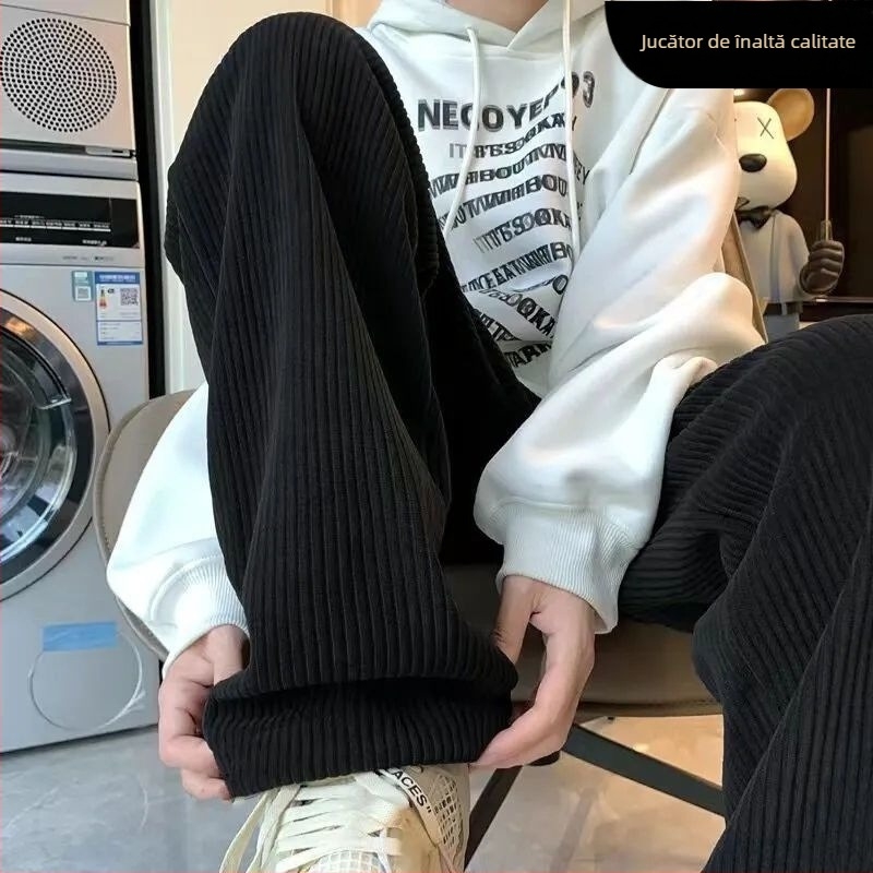 Pantaloni corduroi pentru bărbați – croială dreaptă, siluetă largă de tip wide-leg, talie medie-coborâtă, țesătură poliester