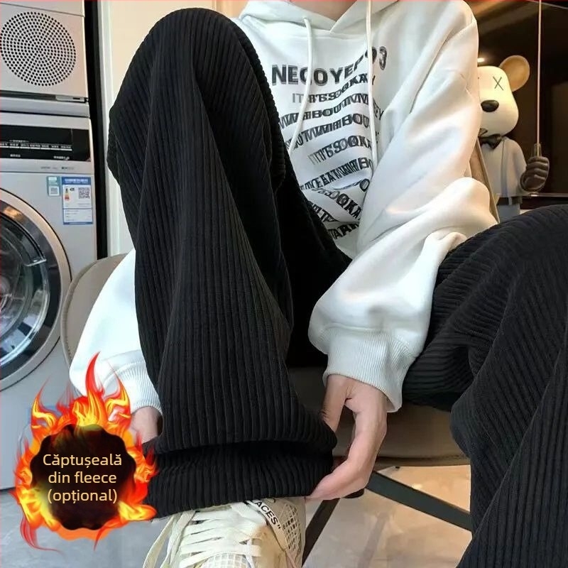 Pantaloni corduroi pentru bărbați – croială dreaptă, siluetă largă de tip wide-leg, talie medie-coborâtă, țesătură poliester