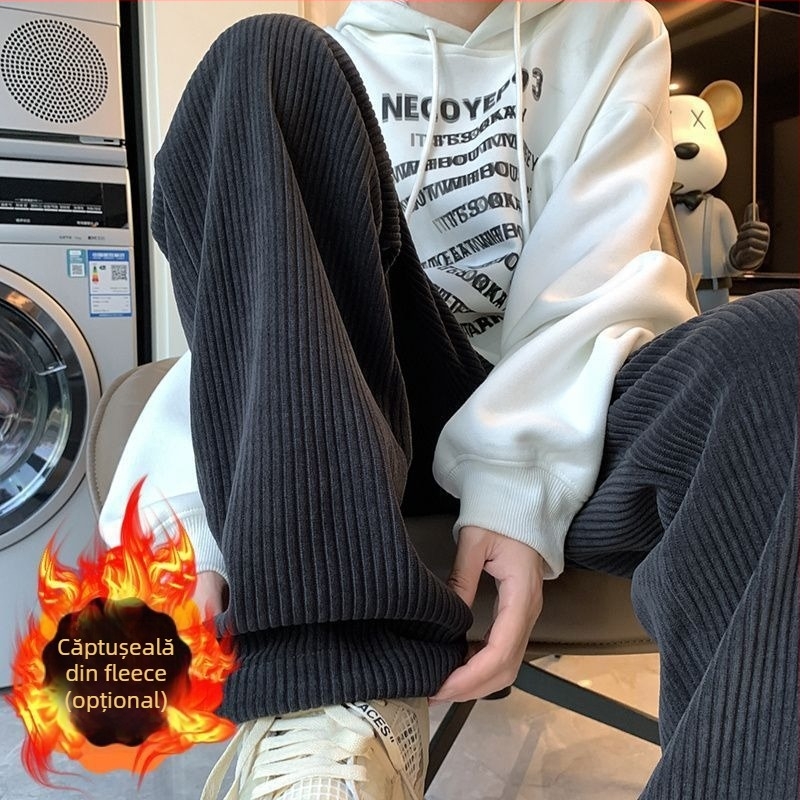 Pantaloni corduroi pentru bărbați – croială dreaptă, siluetă largă de tip wide-leg, talie medie-coborâtă, țesătură poliester