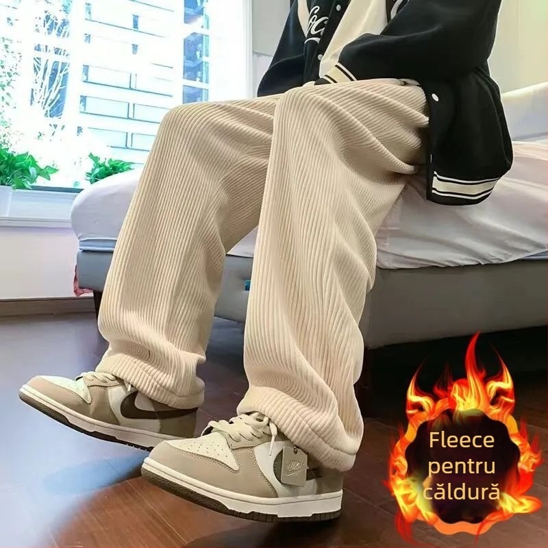 Pantaloni corduroi pentru bărbați – croială dreaptă, siluetă largă de tip wide-leg, talie medie-coborâtă, țesătură poliester