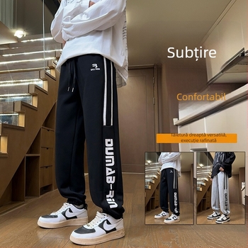 Pantaloni lungi din bumbac pentru tineri, croială dreaptă, elasticitate medie, talie medie, toamnă