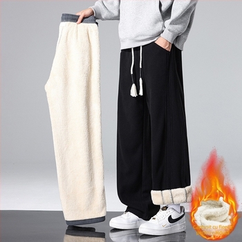 Pantaloni de iarnă cu fleece pentru adolescenți băieți, poliester 100%, talie medie, croială dreaptă, închidere cu șnur