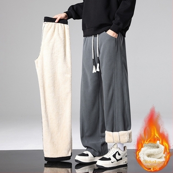 Pantaloni de iarnă cu fleece pentru adolescenți băieți, poliester 100%, talie medie, croială dreaptă, închidere cu șnur