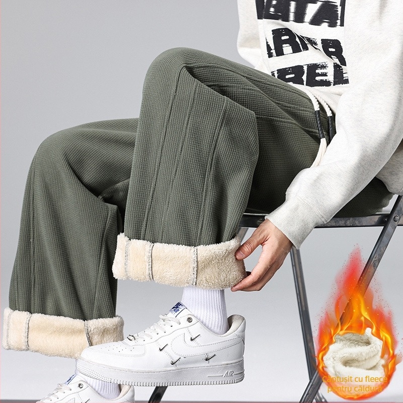 Pantaloni de iarnă cu fleece pentru adolescenți băieți, poliester 100%, talie medie, croială dreaptă, închidere cu șnur