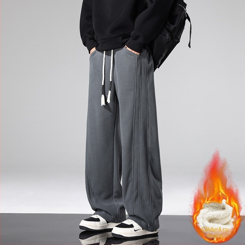 Pantaloni de iarnă cu fleece pentru adolescenți băieți, poliester 100%, talie medie, croială dreaptă, închidere cu șnur