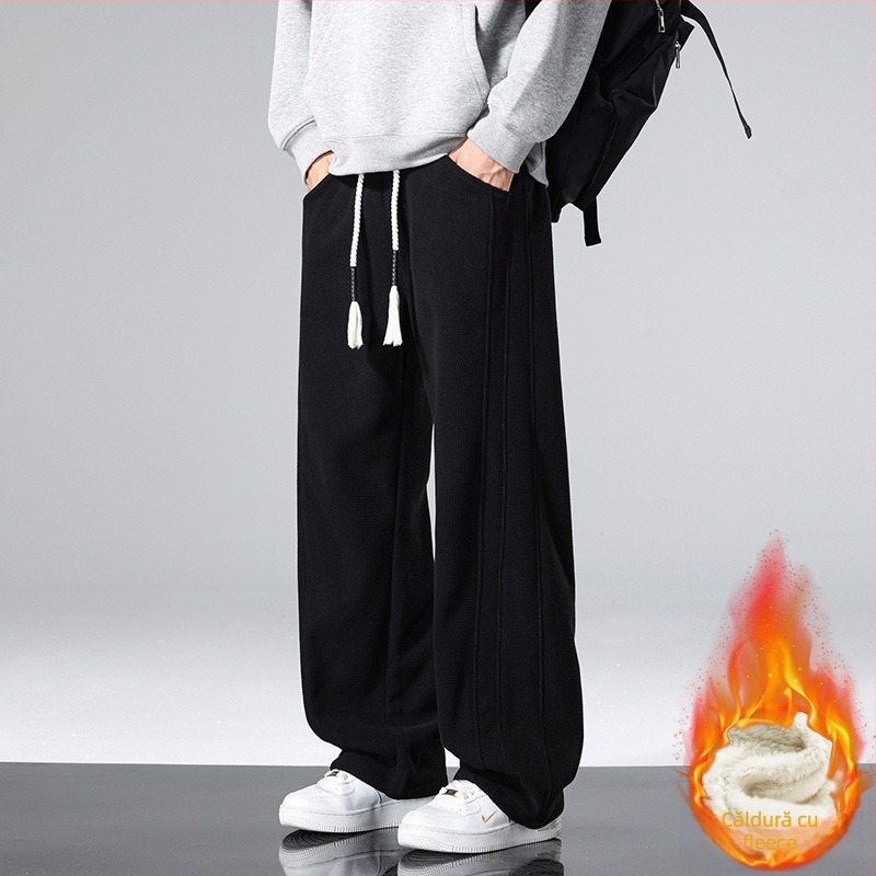 Pantaloni de iarnă cu fleece pentru adolescenți băieți, poliester 100%, talie medie, croială dreaptă, închidere cu șnur