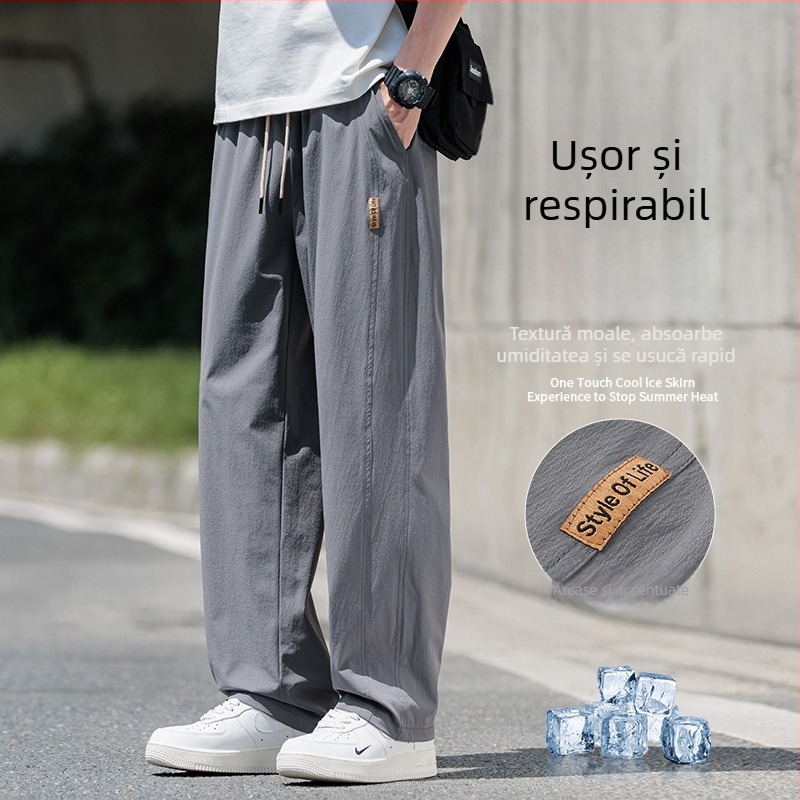 Pantaloni casual de vară pentru bărbați, stil coreean, croială lejeră, talie înaltă, țesătură din fibre de bambus cu 96% poliester