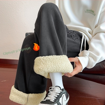 Pantaloni casual pentru bărbați, căptușiți cu fleece, poliester cu 6% elastan, croială lejeră, talie medie, model în dungi