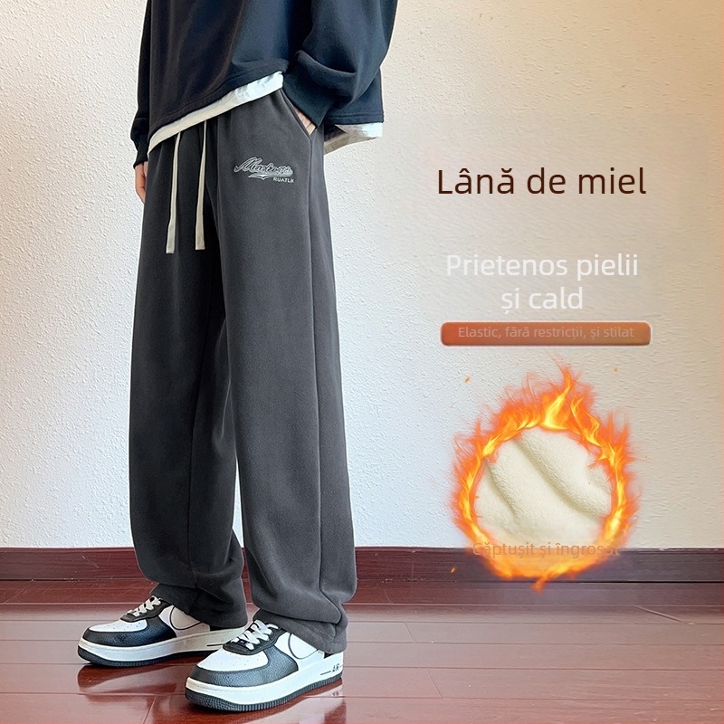 Pantaloni casual pentru bărbați, căptușiți cu fleece, poliester cu 6% elastan, croială lejeră, talie medie, model în dungi