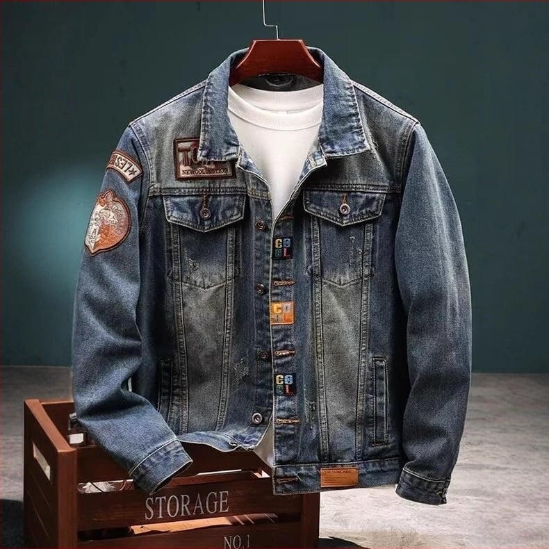 Geacă denim pentru bărbați, grosime de iarnă, cu guler înalt, fermoar, buzunare multiple, margini franjurate