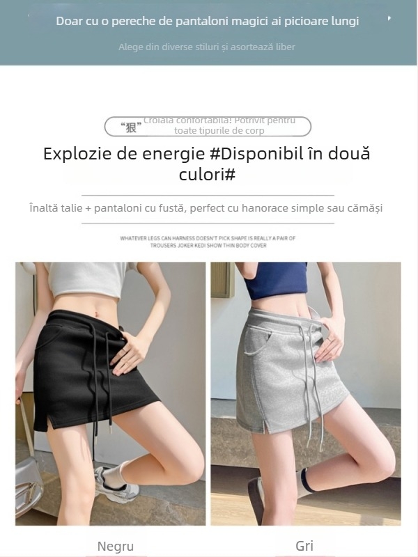 Fustă A-line din bumbac cu șnur la talie, talie înaltă, stil casual asiatic, vară 2025, microelasticitate