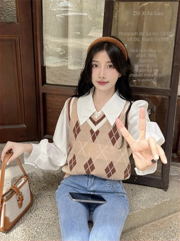 Cămașă de damă cu guler polo, mâneci lungi, chiffon poliester, stil casual japonez-coreean
