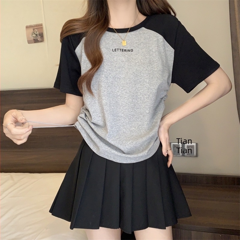 Tricou dama cu mâneci scurte pentru vară, imprimeu cu litere, guler rotund, umăr în contrast cu șnur, Ice Thread poliester-elastan
