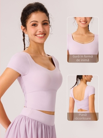 Top yoga pentru femei cu spate din plasă, aspect subțire, cupe integrate, mâneci scurte, croială strânsă, nylon/elastan 81%/19%
