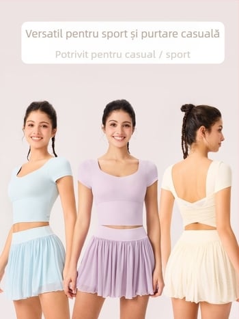 Top yoga pentru femei cu spate din plasă, aspect subțire, cupe integrate, mâneci scurte, croială strânsă, nylon/elastan 81%/19%