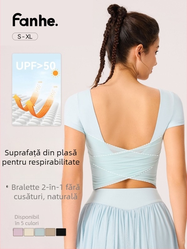 Top yoga pentru femei cu spate din plasă, aspect subțire, cupe integrate, mâneci scurte, croială strânsă, nylon/elastan 81%/19%
