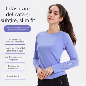 Top sportiv feminin cu mâneci lungi pentru yoga și alergare, poliester, Slim Fit, guler rotund, lungime standard (Poliester • Slim Fit • Guler rotund • Lungime standard)