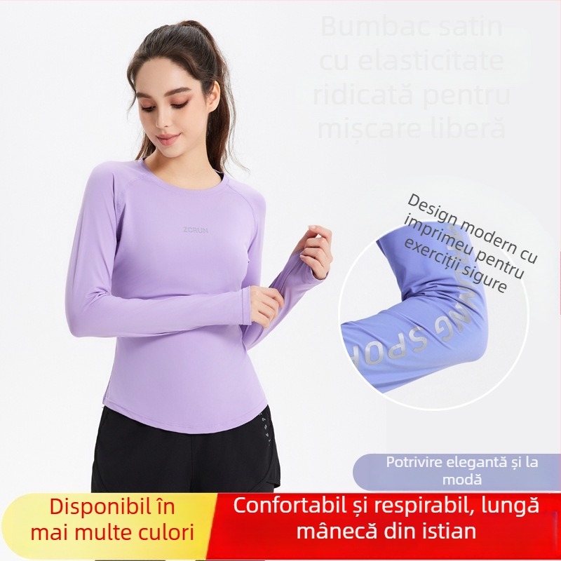 Top sportiv feminin cu mâneci lungi pentru yoga și alergare, poliester, Slim Fit, guler rotund, lungime standard (Poliester • Slim Fit • Guler rotund • Lungime standard)