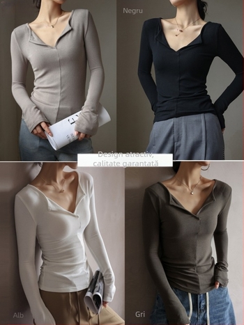 Tricou damă cu decolteu în V, croială slim, model Snake Bone, material viscoză-elastan, mâneci 3/4, lungime 50–65 cm