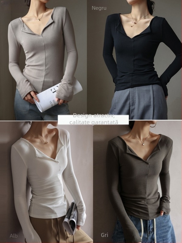 Tricou damă cu decolteu în V, croială slim, model Snake Bone, material viscoză-elastan, mâneci 3/4, lungime 50–65 cm